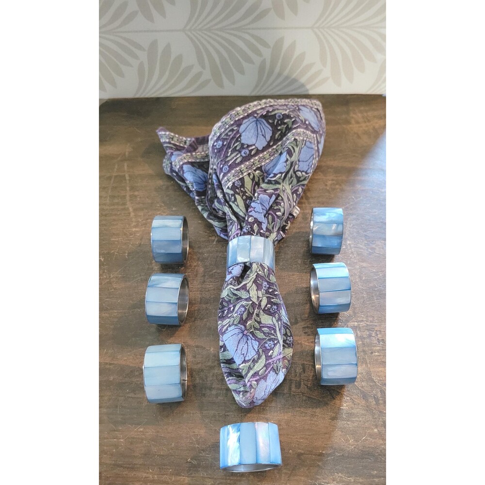 Vintage Blue Mother of Pearl Napkin Rings – Set of 8 Mosaic Shell Inlay Decor
